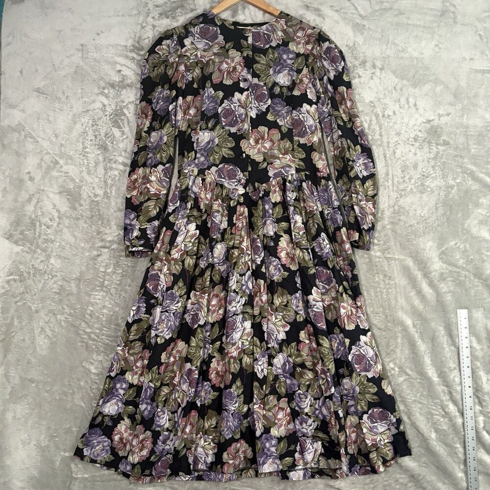 Vintage 1980s Laura Ashley Floral Midi Dress Cotton Wool Size 14 Cottagecore